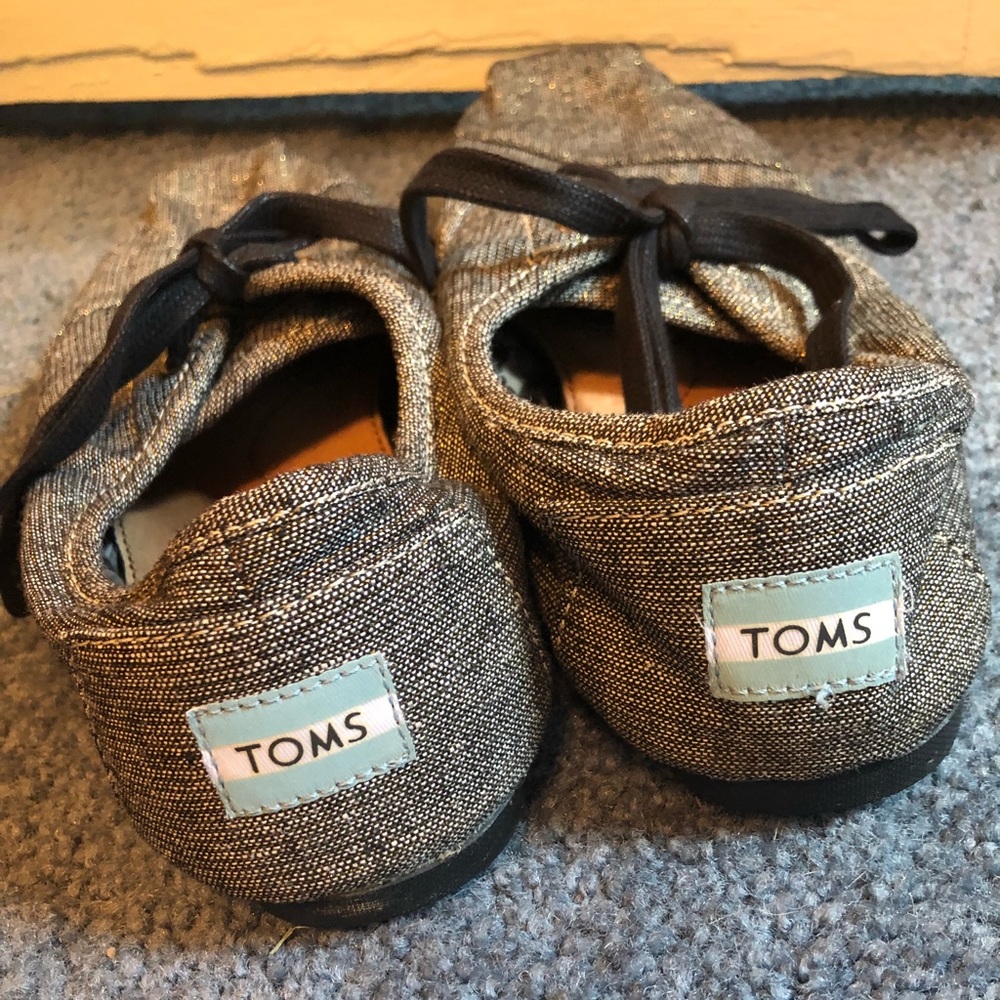 TOMS tweed canvas lace up grey gold flats
